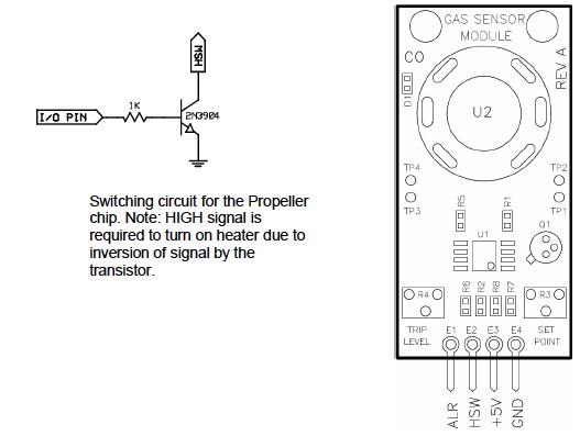 Schematic of Parallax gas sensor module connection Parallax Gas Sensor